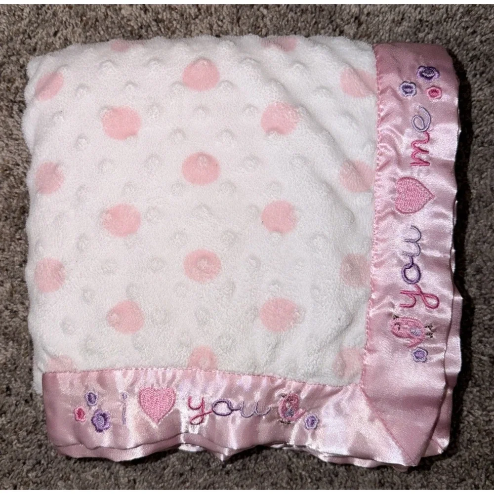 Just Born I Love You Pink And White Bird Flower Minky Dot Satin Baby Blanket